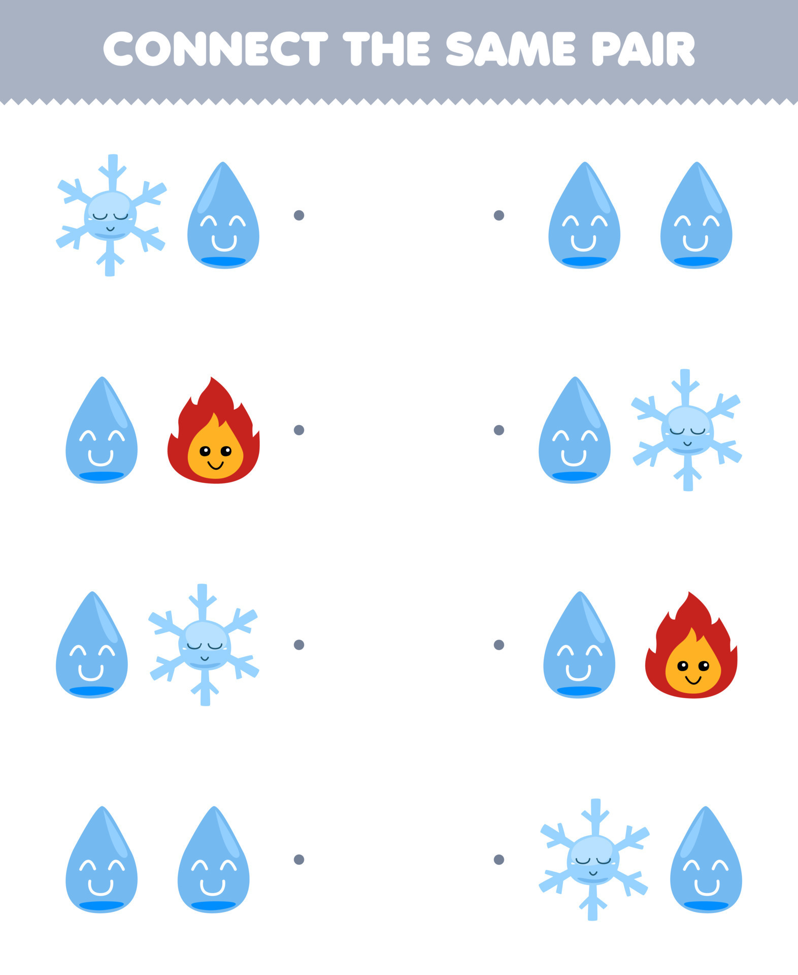 jogo de educação para crianças conectar a mesma imagem de folha de trabalho  de natureza imprimível de floco de neve bonito de desenho animado água e  par de fogo 17180468 Vetor no